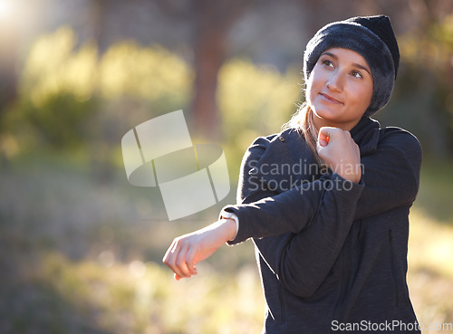 Image of Hiking, idea and mockup with a woman thinking in nature, outdoor for a hike in the woods or forest. Fitness, warm up and a female hiker getting ready for a walk outside in the natural wilderness