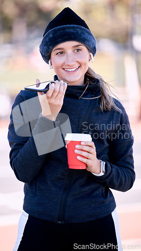 Image of Woman, phone call and speaker at city park with coffee, smile and start morning for training, running or exercise. Gen z runner girl, smartphone and outdoor with drink for energy, health and wellness