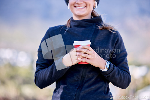Image of Hands, coffee and woman in city for fitness, smile and start morning for training, running and exercise adventure. Gen z runner girl, smartwatch and outdoor with drink for energy, health and wellness
