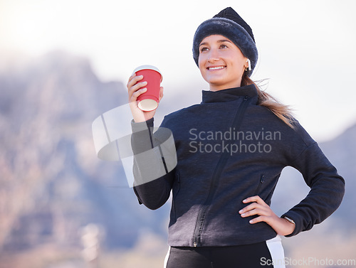 Image of Woman, music and coffee for outdoor exercise at park, mountain and smile to start morning training. Gen z runner girl, earpods and happy with drink for energy, health goal and wellness with vision