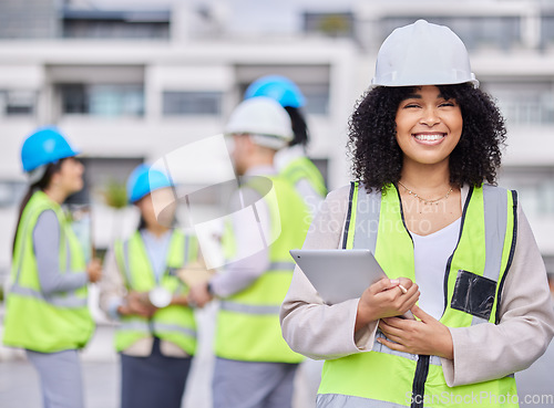 Image of Leadership smile or happy construction black woman portrait for management or engineering success in construction site. Logistics, leader or engineering manager in safety helmet or vision development