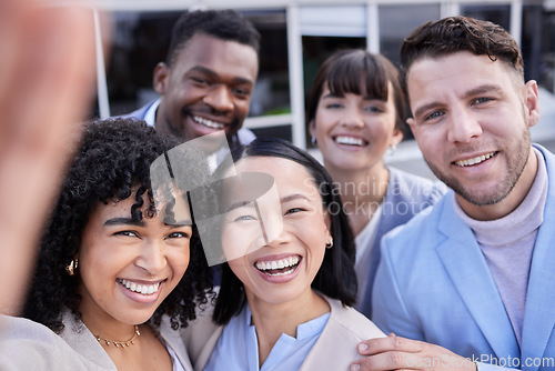 Image of Selfie, team and business people taking a picture in celebration after successful team building outside office. Teamwork, about us and photo or social media update by diverse employee or worker group