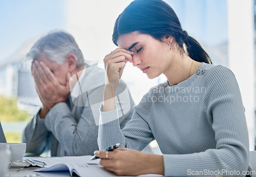 Image of Stress, headache and business woman writing in book, pain or migraine in company office workplace. Mental health, depression or female employee with anxiety, head ache or fatigue, burnout or stressed