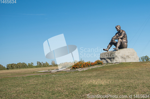 Image of Vasily Shukshin monument in Srostki village. Altaiskiy Krai. Western Siberia. Russia