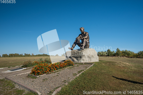 Image of Vasily Shukshin monument in Srostki village. Altaiskiy Krai. Western Siberia. Russia