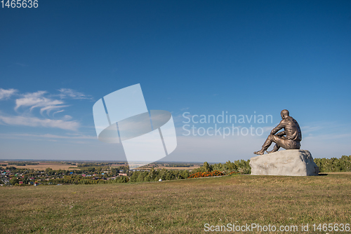 Image of Vasily Shukshin monument in Srostki village. Altaiskiy Krai. Western Siberia. Russia