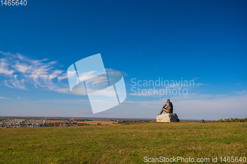 Image of Vasily Shukshin monument in Srostki village. Altaiskiy Krai. Western Siberia. Russia