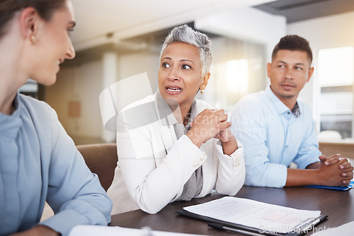 Image of Meeting, discussion and business people with documents for marketing strategy, planning and ideas. Teamwork, partnership and manager talking to workers for financial review, paperwork and project