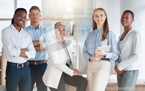 Image of Diversity, portrait and business with staff, teamwork and partnership in modern office, planning and confident. Coworkers, multiracial and employees in workplace, brainstorming and new project ideas