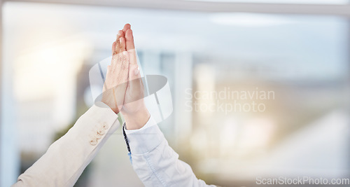 Image of Hands, high five and team unity for winning, victory or collaboration at the office on mockup. Hand of people touching for meeting success, promotion or teamwork in coordination for win or deal