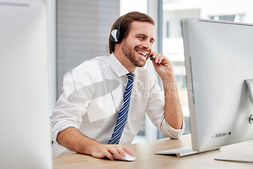 Image of CRM, customer service or man for success on computer for support, consulting or networking in office. Happy callcenter or sales advisor on tech for telemarketing, research or telecom contact us help