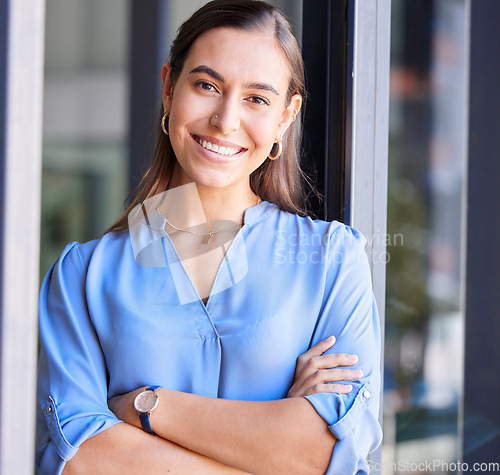 Image of Smile, leadership and portrait of businesswoman, confident administration manager with happy face. Vision, future and proud woman standing in admin office, leaderin growth and business development.