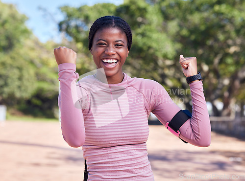 Image of Fitness success, runner portrait and black woman with a smile from sport motivation and winning. Excited, happy athlete and young person outdoor feeling achievement from exercise target goal