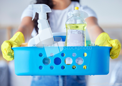 Image of Hands, basket and cleaning tools for housekeeping, maintenance or disinfection in clean hygiene at home. Hand holding bucket of detergent supplies, equipment or chemical liquid for chores or services