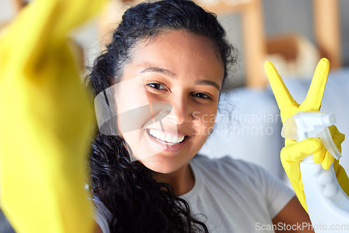 Image of Woman, portrait and peace sign for selfie in housekeeping, cleaning or detergent in sanitary hygiene at home. Happy female cleaner or maid smiling for photo showing hand gesture for clean sanitizer