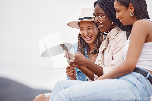 Image of Social media, laughing and women with a phone meme, funny website and communication in nature. Comic, 5g connection and friends reading a chat on a mobile app, streaming a video or news in Italy