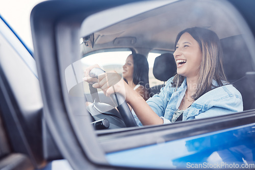Image of Travel, mirror and friends with women in car driving for road trip, vacation and transportation. Summer break, happy and smile with reflection of girl driver on holiday for journey, auto or direction