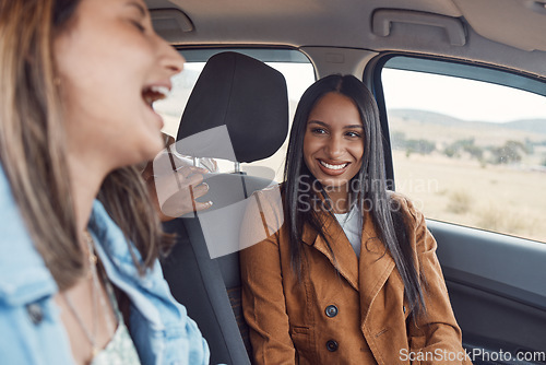 Image of Car road trip, diversity friends and talking on travel adventure for peace, wellness and outdoor freedom. Australia countryside safari, driving SUV van or fun happy woman singing on transport journey