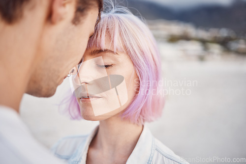 Image of Couple in beach, hug and love outdoor with people in relationship, commitment and care with mockup space. Face, eyes closed and comfort with support, trust and respect, loyalty and forehead touch