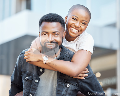 Image of Piggyback, black couple and portrait in city for love, care and happiness on date together in Nigeria. Happy man carrying woman in urban street, town and outdoor for fun, freedom and relax with smile