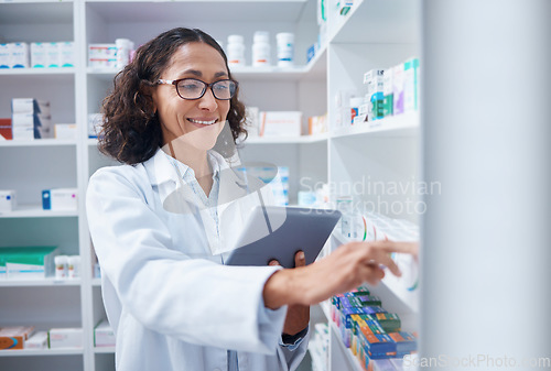 Image of Tablet, senior woman and pharmacist stock check in pharmacy for healthcare medicine in drugstore. Medication, technology or happy female medical doctor with touchscreen for checking inventory in shop