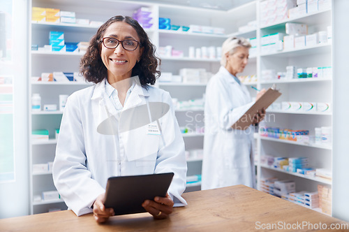 Image of Tablet, woman and portrait of pharmacist in pharmacy for healthcare or online consultation. Medication research, telehealth technology and senior female medical doctor with touchscreen in drugstore.