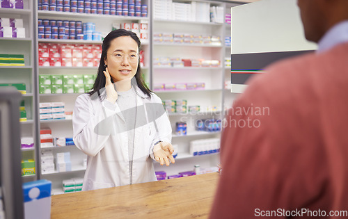 Image of Pharmacy, help desk and pharmacist woman with customer service for neck pain, thyroid or medical support. Medicine, pharmaceutical and healthcare doctor or asian person muscle advice to sick client