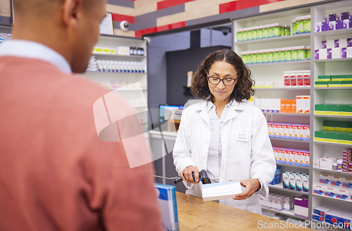 Image of Pharmacy, woman scanning medicine and customer at checkout counter for prescription drugs pruchase. Healthcare, pills and pharmacist with medical product in box and digital scanner in drugstore.