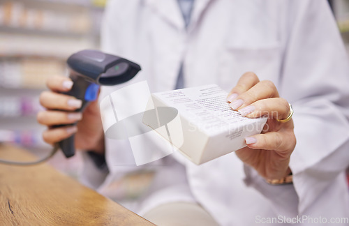 Image of Pharmacy, hands and woman scanning medicine at checkout counter for prescription drugs. Healthcare, pills and helpful pharmacist with medical product in box and digital scanner in retail drugstore.