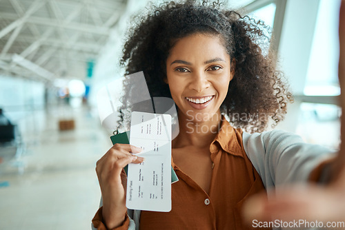 Image of Travel, ticket and selfie with black woman at airport for social media, departure and vacation. Tourism, flight and smile with portrait of passenger with passport for journey, pictures and holiday