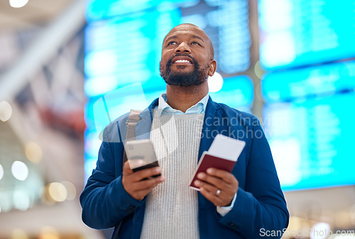 Image of Airport, passport and black man with phone for ticket booking, schedule and flight information of business travel. Happy person thinking of airline journey with identity document and smartphone app