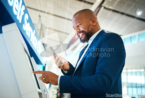 Image of Airport ticket, self service and man with phone for online booking, fintech payment and digital registration. African business person at POS machine for flight schedule, e commerce and smartphone app