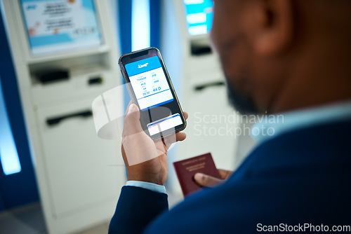 Image of Airport, phone screen and hands for booking online ticket, schedule information and travel time on fintech. Date, website flight registration and business black man on e commerce, mobile app ux or ui