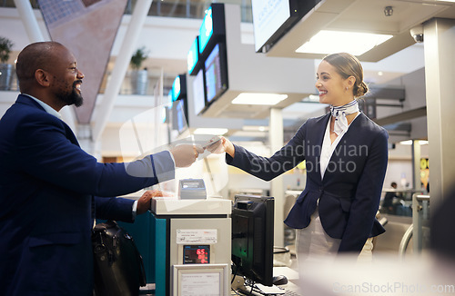 Image of Tickets, airport and customer service people, desk support and passport registration help. USA black man and travel agent with flight booking, giving paper and smile for client kindness and thank you