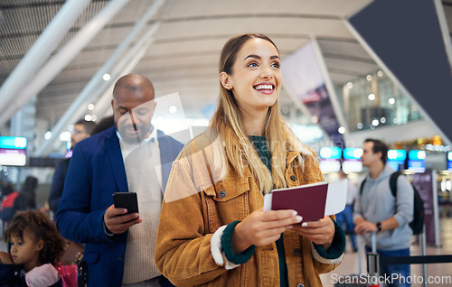 Image of Travel, ticket and smile with woman in airport for vacation, international trip and tourism. Holiday, luggage and customs with passenger in line for airline, departure and flight transportation