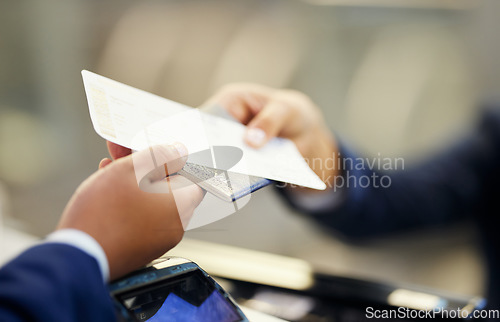 Image of Ticket, airport and person with passport at counter for travel documentation, security ID and airplane journey. Hands, passenger and identity document for check in, booking and flight transportation