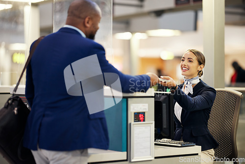 Image of Businessman, airport and passenger assistant helping traveler with checkin at terminal counter. Black male with passport and service agent in travel help, security or immigration for airline control