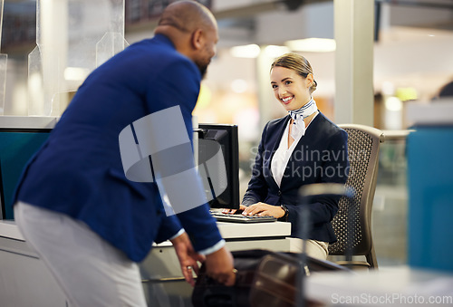 Image of Black man, airport reception and security check with woman, concierge and help desk in lobby with luggage. African businessman, travel and immigration at inspection for international transportation