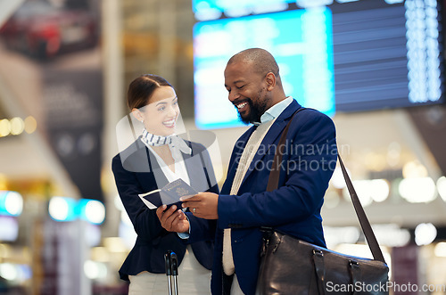 Image of Businessman, airport and passenger assistant helping traveler in departure, flight time or passport information. Black male with female airline service agent for advice on travel, directions or FAQ