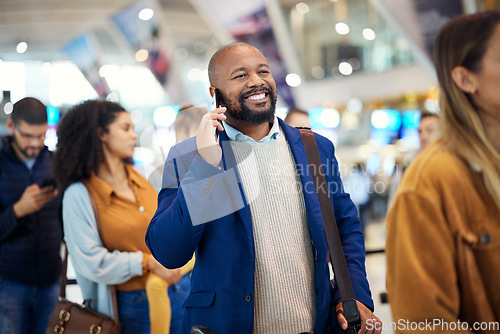 Image of Travel, queue and phone call with black man in airport for flight, vacation and immigration. Happy, communication and technology with businessman in line with luggage for trip, holiday and journey