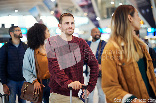 Image of Travel, queue and smile with man in airport for vacation, international trip and tourism. Holiday, luggage and customs with passenger in line for ticket, departure and flight transportation