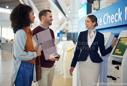 Image of Woman, passenger assistant and couple at airport by self service check in station for information, help or FAQ. Portrait of happy female services agent helping travelers register or book air flight