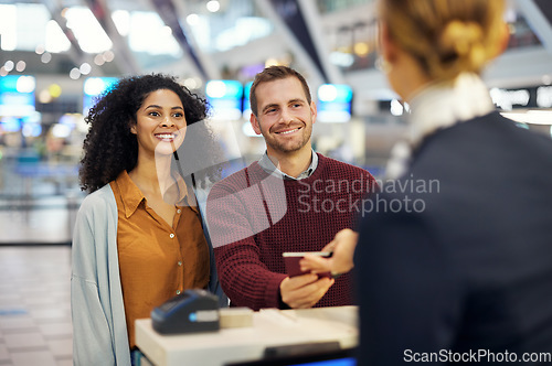 Image of Happy couple, airport reception and passport document for woman at help desk, concierge or identity for travel. Man, women and immigration documents for inspection, security or international vacation