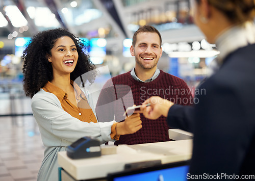 Image of Couple, airport reception and security check with black woman, concierge help desk and identity for travel. Man, women and documents for immigration, inspection or international transport for holiday