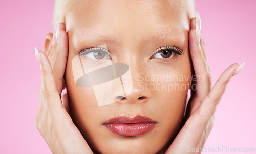 Image of Black woman, beauty headshot and hands in studio with facial cosmetics, vision or makeup by pink background. African gen z model, girl and healthy natural glow on skin for wellness, aesthetic or care