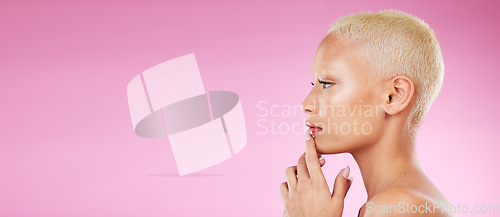 Image of Woman, beauty and makeup in skincare on mockup for facial cosmetics or spa treatment against pink studio background. Female face and hands thinking in satisfaction for luxury cosmetic or perfect skin