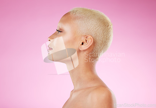 Image of Woman, beauty and makeup in skincare for spa cosmetics or facial treatment against pink studio background. Profile of female face in satisfaction for luxury cosmetic or perfect skin on mockup