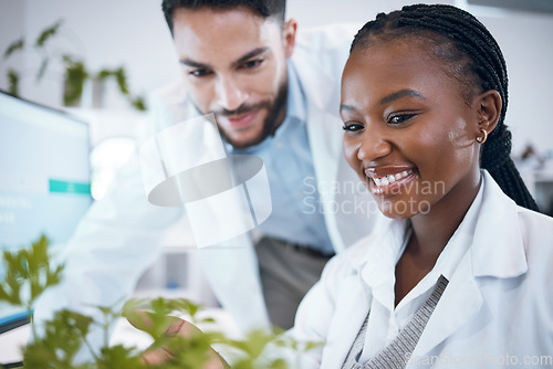 Image of Science plants, teamwork and scientist people in pharmaceutical research, sustainable or herb medicine. Medical pharmacist and happy internship partner in laboratory for eco friendly, growth solution