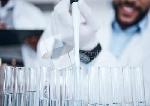 Image of Science, liquid and test tube in laboratory for research, medicine development and chemistry. Biotechnology, pharmaceutical and scientist hands with pipette for experiment, lab study and analysis