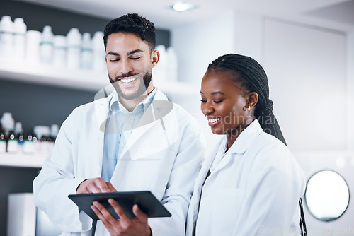 Image of Science research, tablet and scientist people with pharmaceutical report, medicine data and digital analysis. Medical professional, black woman or internship partner in laboratory for online feedback